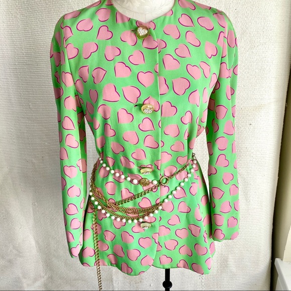 Vintage Carolina Herrera M Valentine’s day Silk Heart Print Blazer Cartoon - Picture 1 of 8